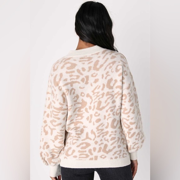 Lulus Purr-fectly Toasty Animal Print Ivory and Beige Pullover Sweater Small - Picture 3 of 10